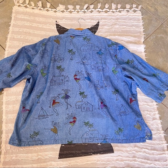 New Direction Womens 3XL Embroidered Buttons Girl Dancing Boat Denim Shirt Boho - Picture 4 of 8